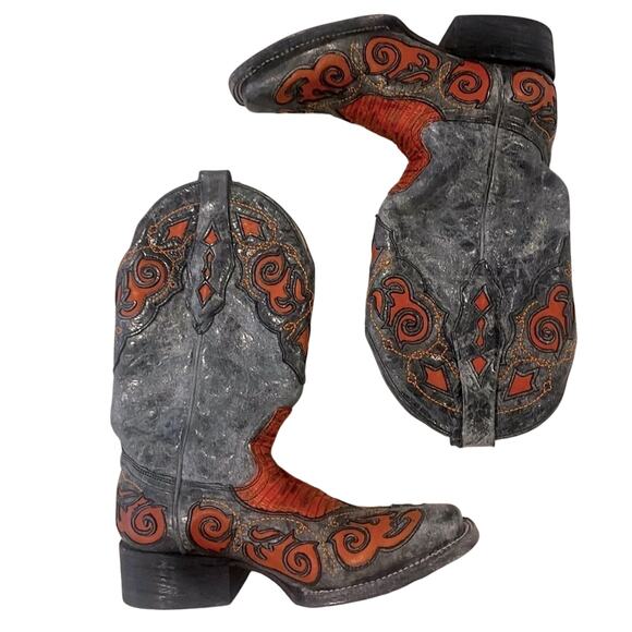 Corral Shoes - Corral Grey & Orange Snakeskin Leather Western Cowgirl Boots – Size 5 RARE Horse